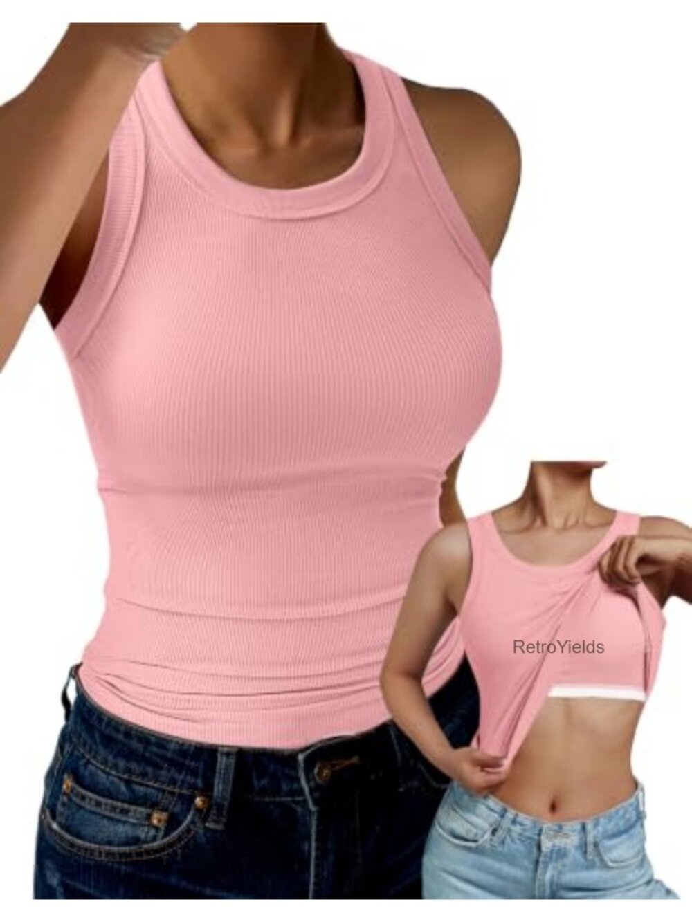Women's Built-in Bra Ribbed Tank Top High Neck Racerback Fitted Yoga Workout